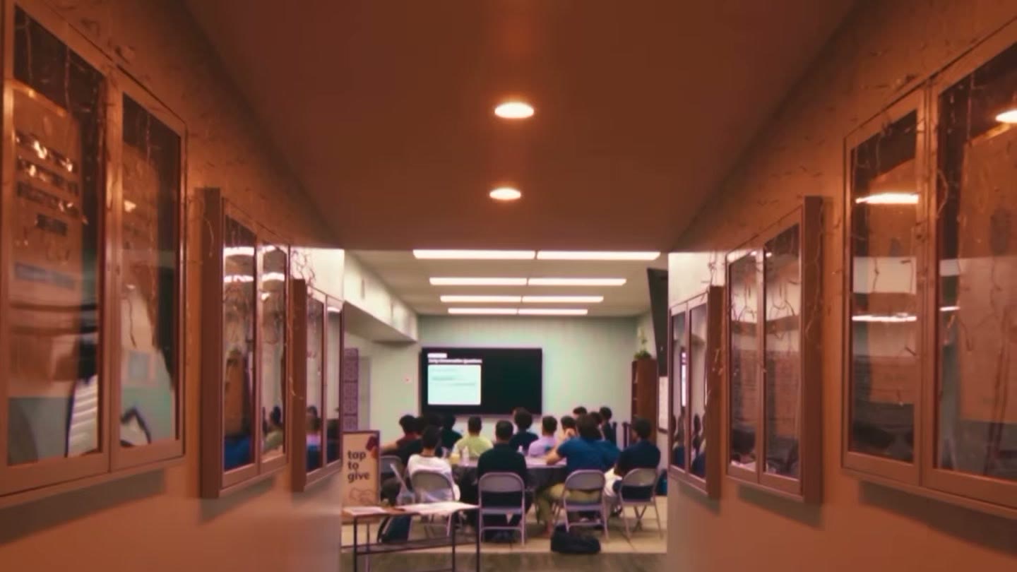 A long, warm-lit hallway with glass display cases leads to a room where a seated group watches a presentation.