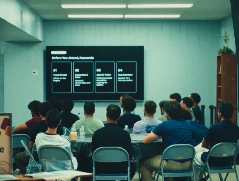 A seated crowd, seen from behind, watches a presentation on a wall-mounted screen.
